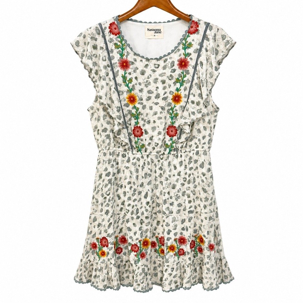 Savanna Jane Floral Embroidered Leopard Print Ruffle Mini Dress 1X P93851-A